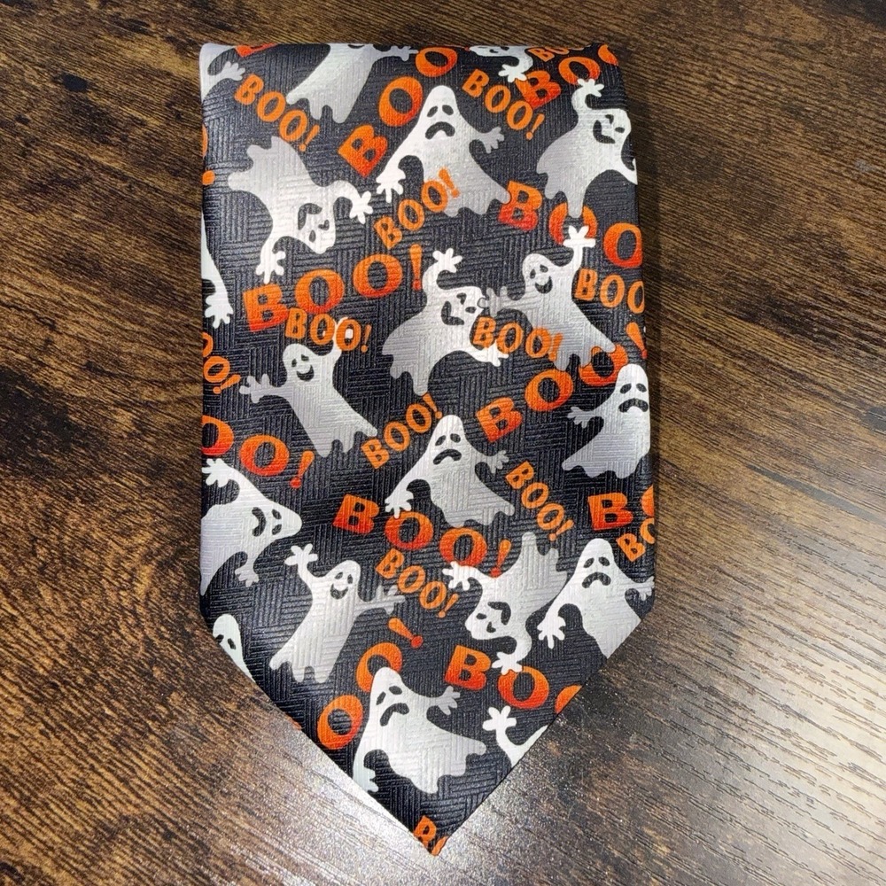 NEW Halloween Ghost BOO Novelty Necktie Black Orange White Polyester Tie‎ Mens